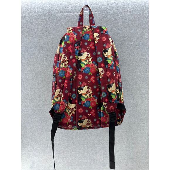 Disney Loungefly Mulan Backpack Maroon Floral Print Nylon Zip Up Pockets - Picture 5 of 9